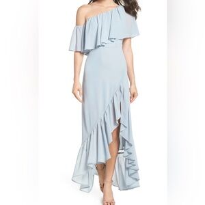 Show Me Your MuMu Tango Ruffle Maxi Light Steell Blue Off-Shoulder Dress